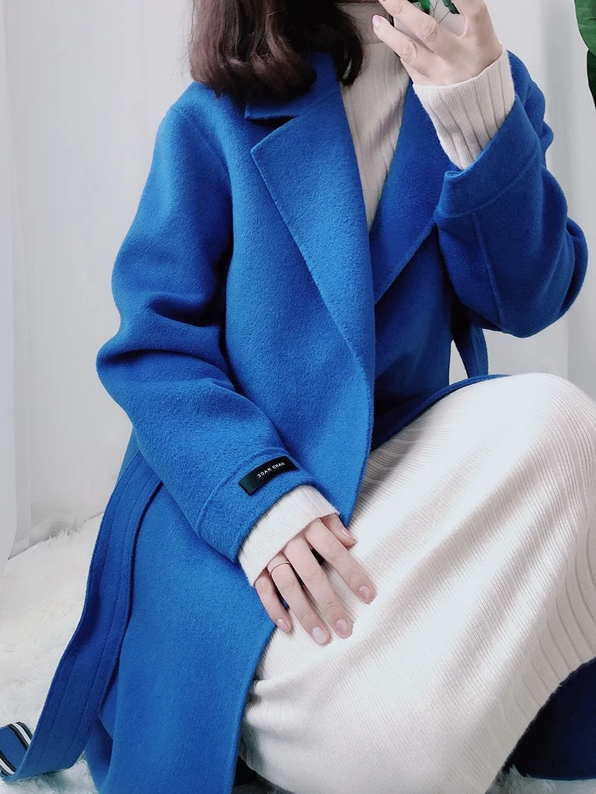 

New products meet happiness opens the same Blue double-sided cashmere coat women's medium and long woolen