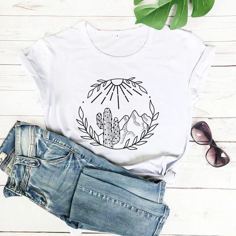 

Desert Scene Graphic Tee Woman Tshirt Summer Funny T Shirt Cactus Shirts Plant Shirt National Shirt Gift for Her Female Tee Tops