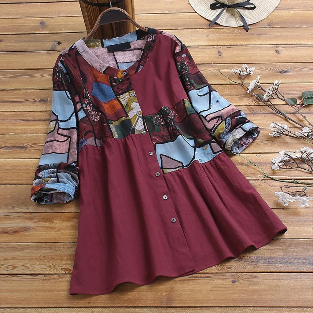 Женская повседневная блузка из хлопка и льна с принтом пуговицами длинным