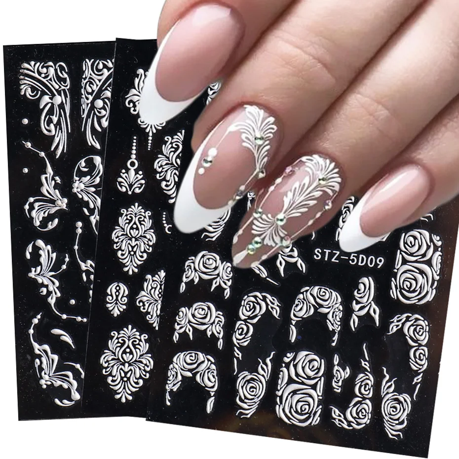 

5D тисненые наклейки для ногтей, белый кружевной цветок, дизайн ногтей, наклейка, слайдер, Зимняя акриловая резьба, Маникюр украшения для ногтей