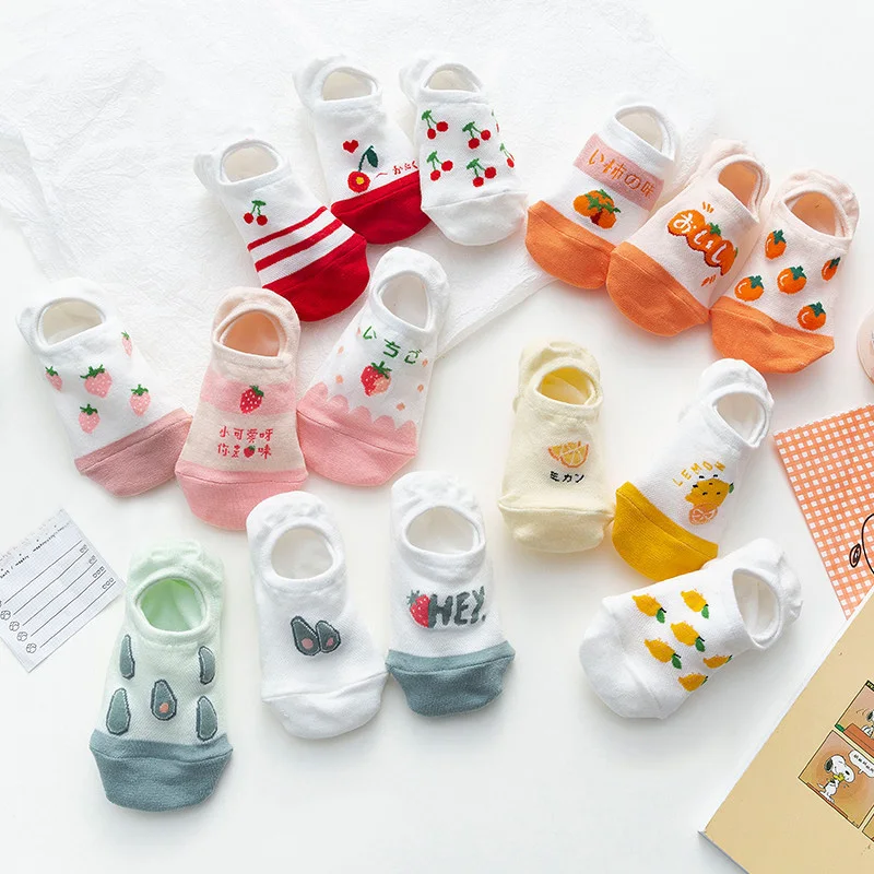 

10 pieces=5 pairs Women Cotton invisible Socks Slipper Summer Thin Fruit Print Boat Socks Female Silicone No show Socks Non-slip