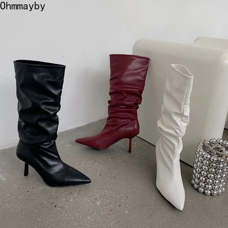 

2021 Fashion Women Folds Knee-High Boots Zipper Ladies Pointed Toe Woman Thin High Heels Autumn Winter Sexy Female Long Boots