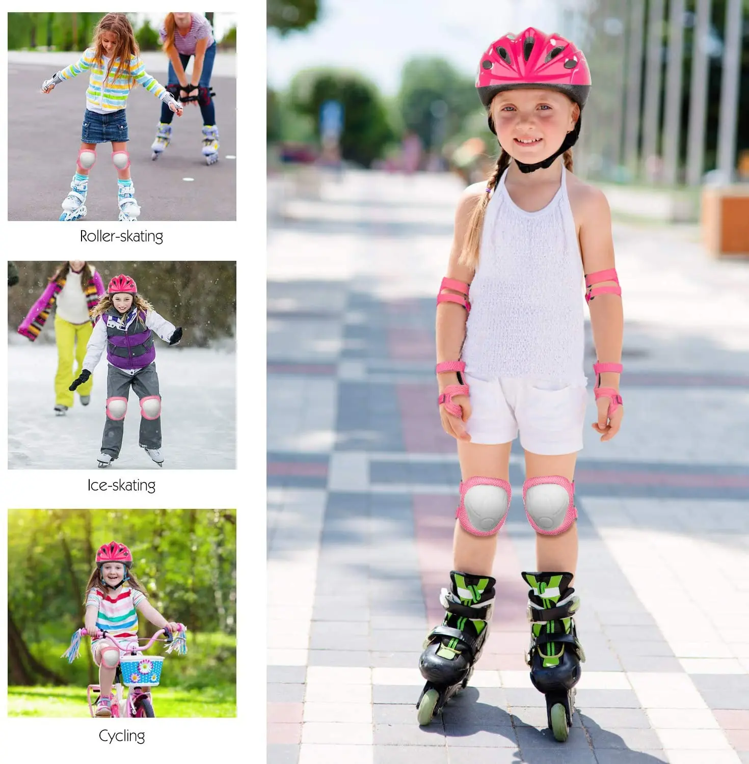 

7 in 1 Kids Bike Helmet Pads Adjustable Protective Skateboard Helmet Children Sports Protective Gear Set Children 3-8 years old