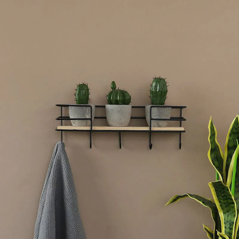Estante de hierro montado en la pared para el hogar, repisa de almacenamiento con 5 ganchos, ideal para decoraci&oacute;n de sala de estar, toalla o llave-0