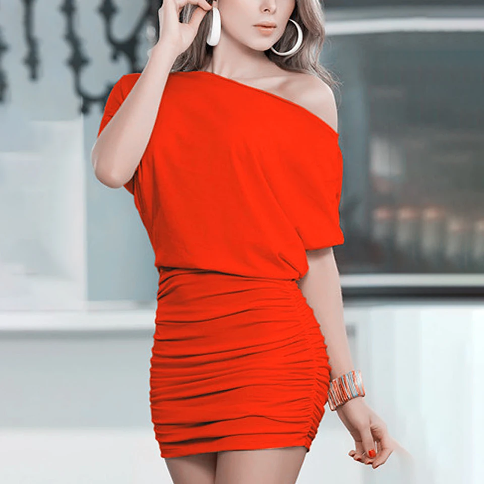 

Batwing Sleeve Dress Bat Elegant Mini Slash Neck One Shoulder Short Dress Party Night Sexy Tight Fit Pleated Summer Dress Women