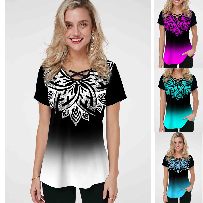 

Summer Fashion V Neck Drawstring Gradient Print Tops Women's T Shirt 2021 Casual Short Sleeve Loose Plus Size Ladies Tshirt 5XL