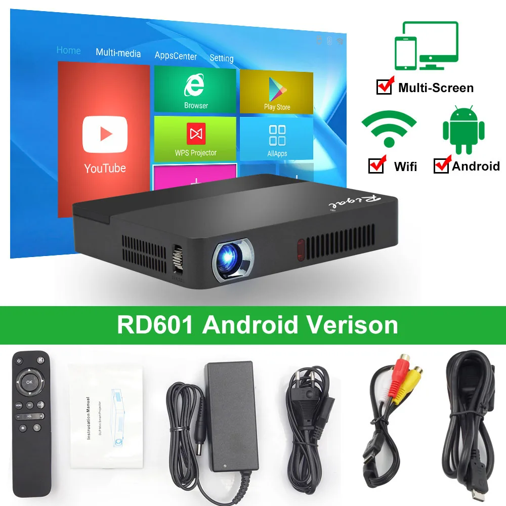 Rigal проектор RD601 со встроенной батареей Android 4.4 WIFI LED MINI DLP проектор 3D Miracast Bluetooth домашний кинотеатр п - Цвет: RD601  Android