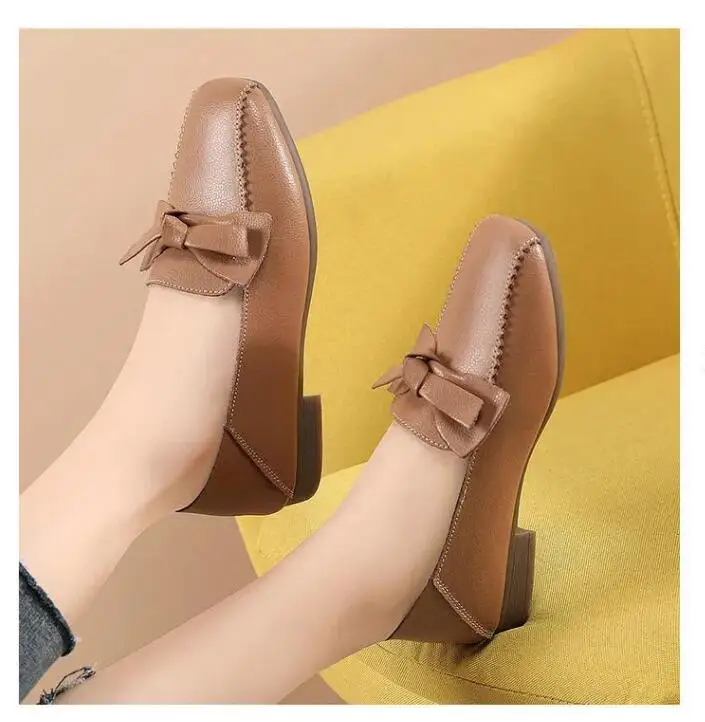 2021 new single shoes women's flat shoes mother leather shoes soft sole comfortable bow tendon sole peas shoes