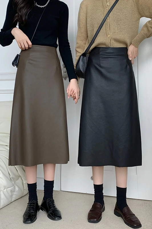 

Spring Summer Black PU Leather Elegant Midi Skirts For Women High Waist Back Split Sheath Wrap Skirts Jupe