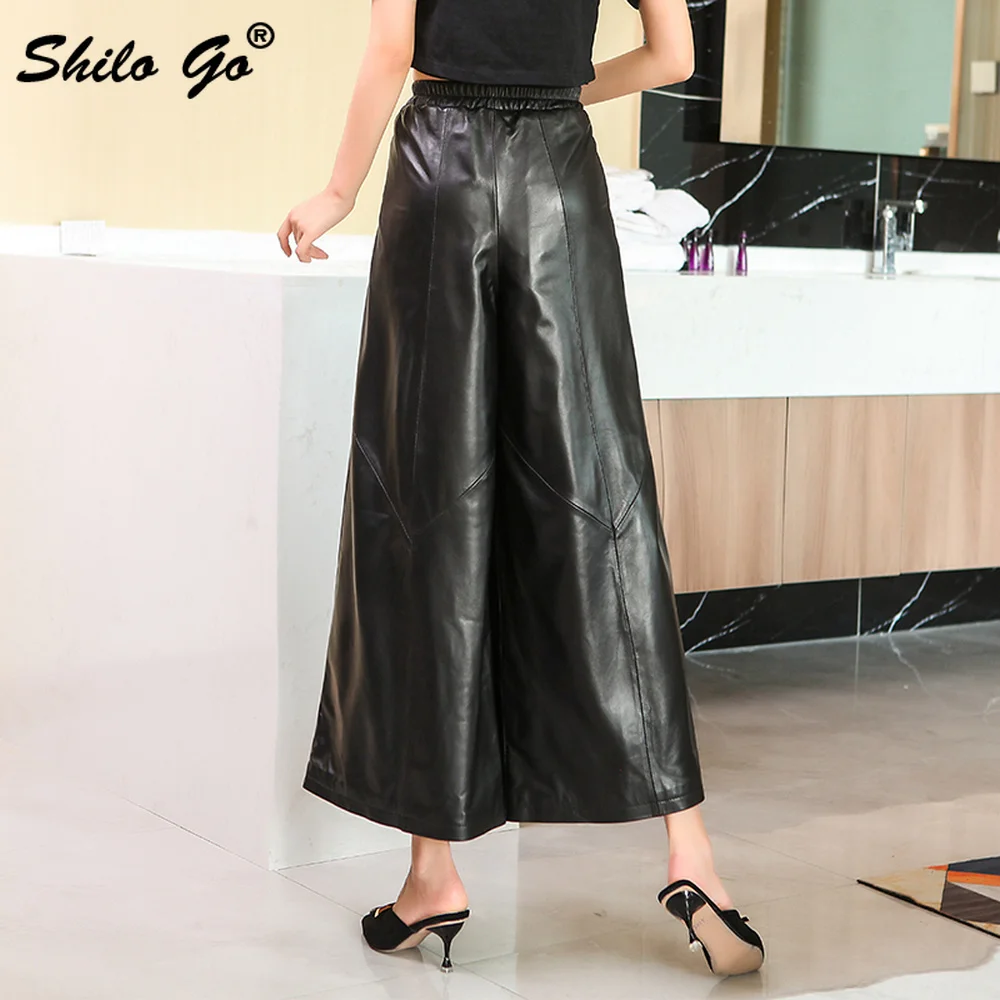

Elegant High Waist Pants Womens Winter Office Lady Black Genuine Leather Plus Wide Leg Pants Casual Fashion Sheepskin Trousers