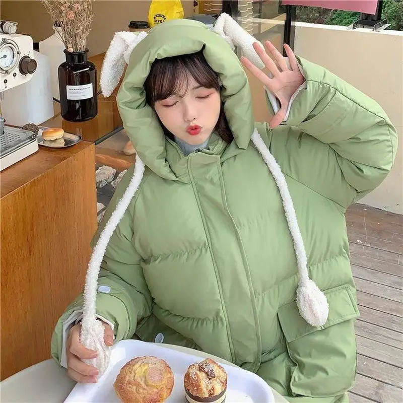 

Съемные мягкие куртки с ушками кролика, Женская свободная Милая утепленная куртка, теплый пуховик с капюшоном, уличная одежда