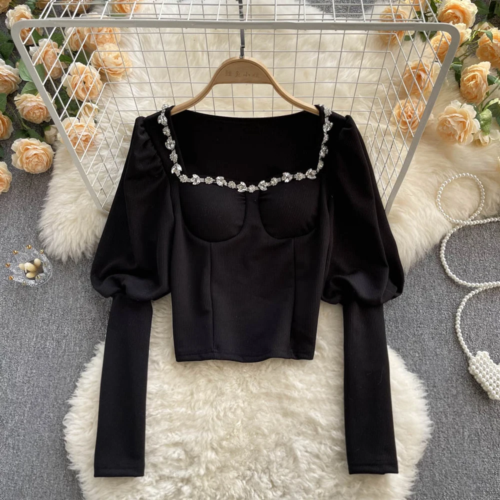 

C910 Women New Fashion Spring Autumn Black Square Collar Diamond Studded Top Mujer Slim Fit Long Sleeve Shirt Blouse
