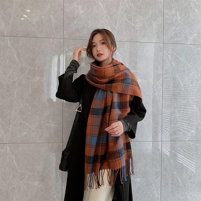 

Plaid scarf women autumn and winter imitation cashmere tassel shawl Japanese and Korean sweet square stripe headscarf