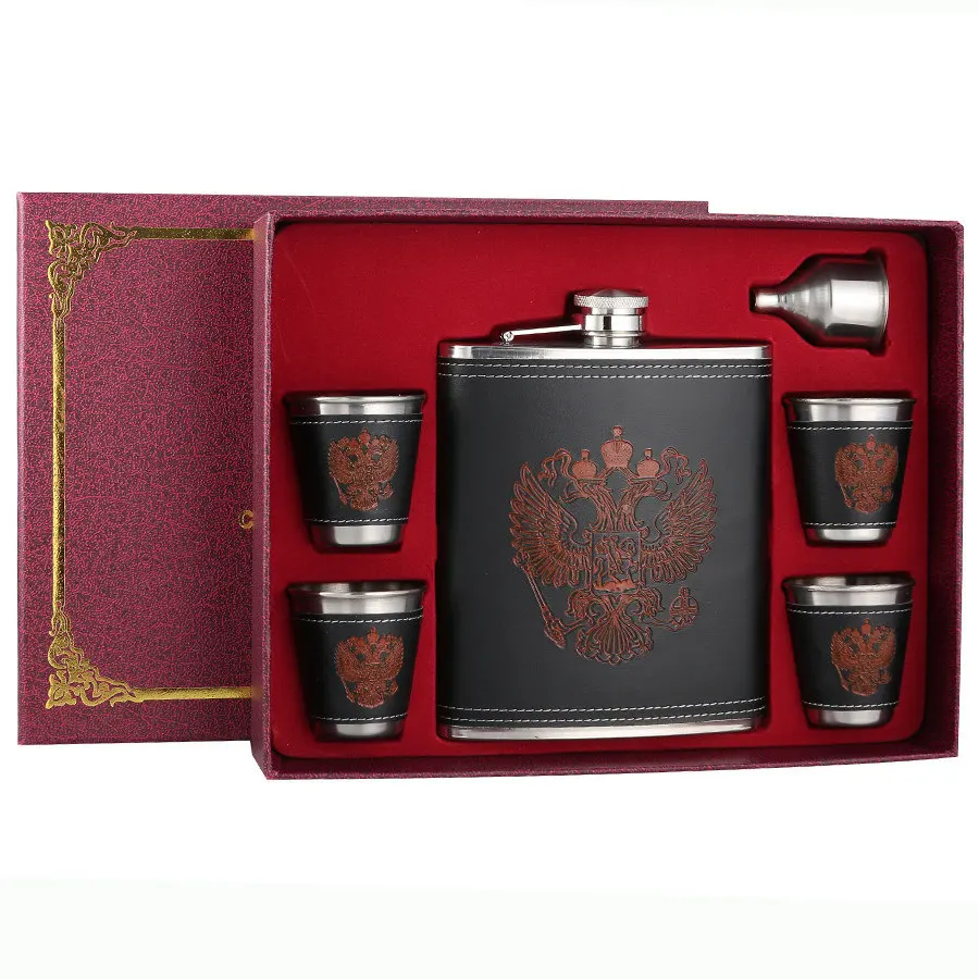18oz with Gift Box BIUBIUTUA 8 унций роскошные нержавеющая сталь спирт хип набор фляг Cccp гравировка искусственная кожа кувшин виски вино подарок колба - Цвет: 18oz with Gift Box