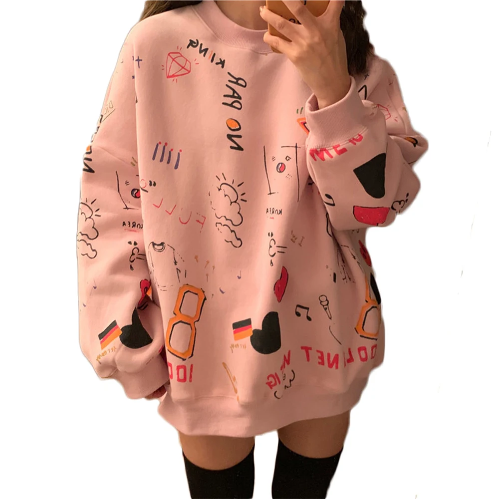 

Женские розовые толстовки с милым принтом, плюшевый женский зимний теплый пуловер, топы с длинным рукавом, верхняя одежда, Свободный свитшо...