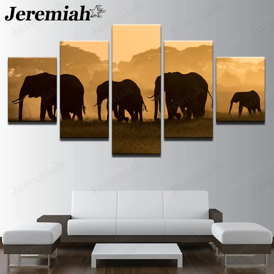 

Modern Elephant Group Canvas Painting Wall Art Sunset Grassland Poster Hd Printing Home Room Decoration Accessories