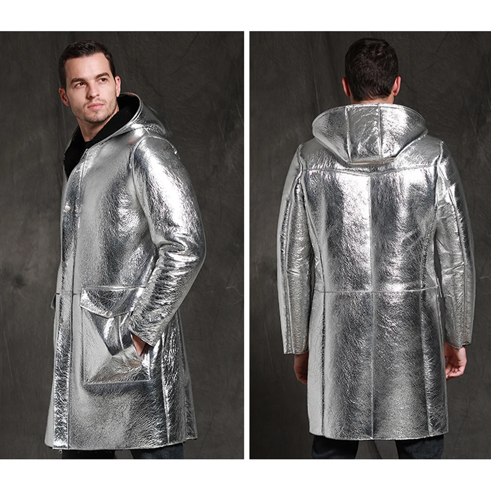 Пальто мужское из натуральной овечьей шкуры с капюшоном | Мужская одежда