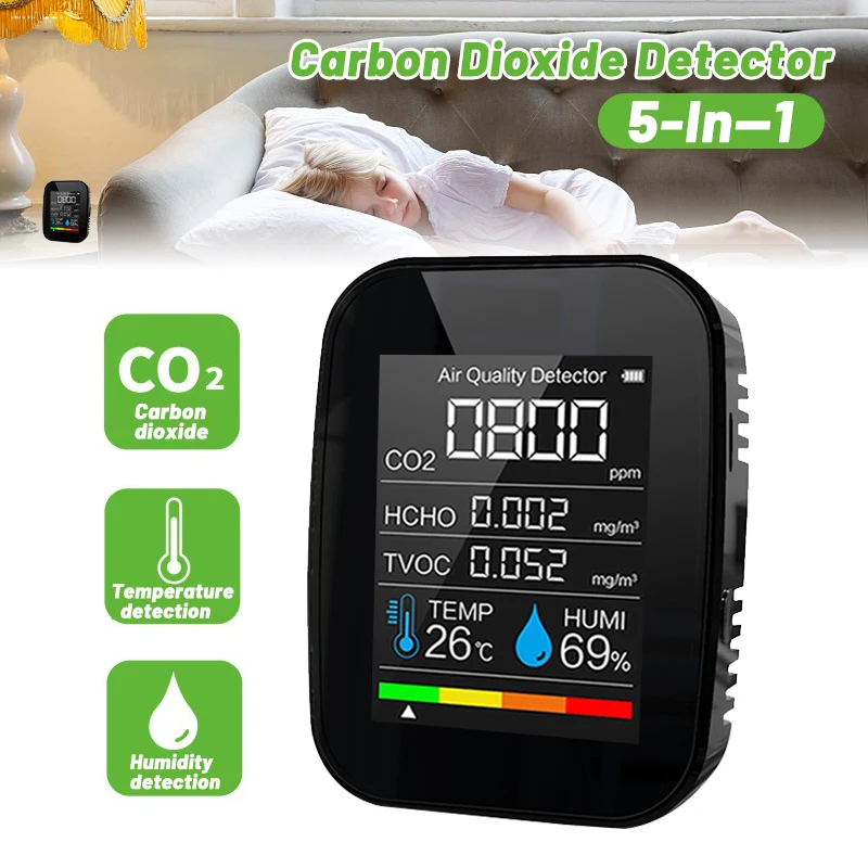 

Многофункциональный тестер 5 в 1 с датчиком температуры и влажности CO2, монитор качества воздуха, TVOC, HCHO, детектор формальдегида