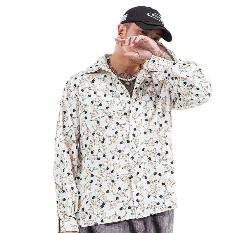 

Vivgae fashion men's shirt 2020 spring Korean cartoon printed chiffon men's and women's long sleeve shirt