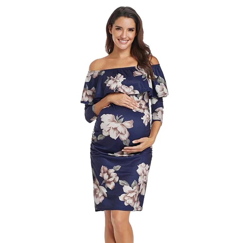 Cotton Nursing Maternity Flower Dresses Off Shoulder Pregnancy Dresses Ruffle Shoulderless Women Bodycon Dress Summer Pregnant