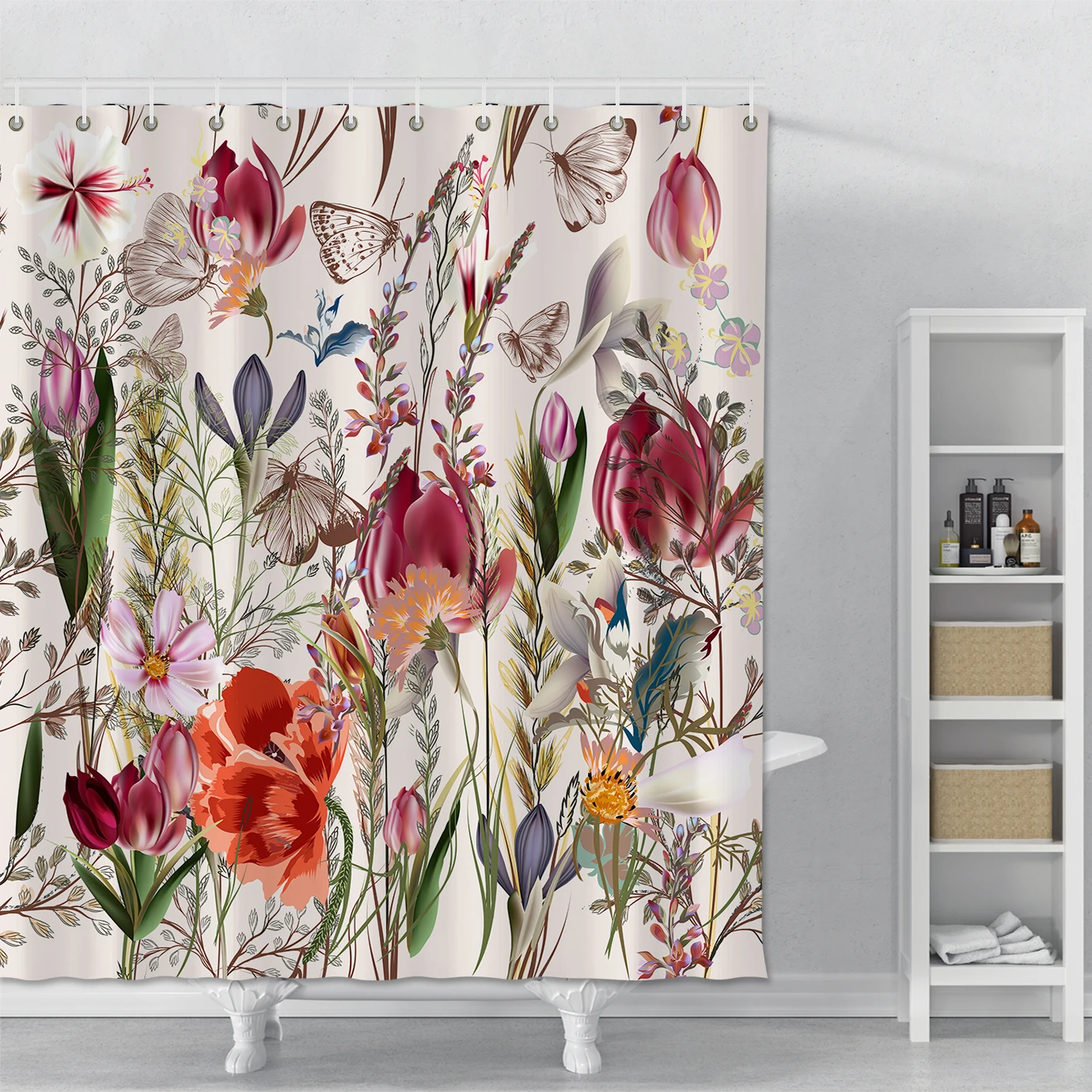 

Plant Series Shower Curtains For Bathroom Waterproof Polyester Hanging Curtain Print Flowers Butterflies Bath Screens With Hooks
