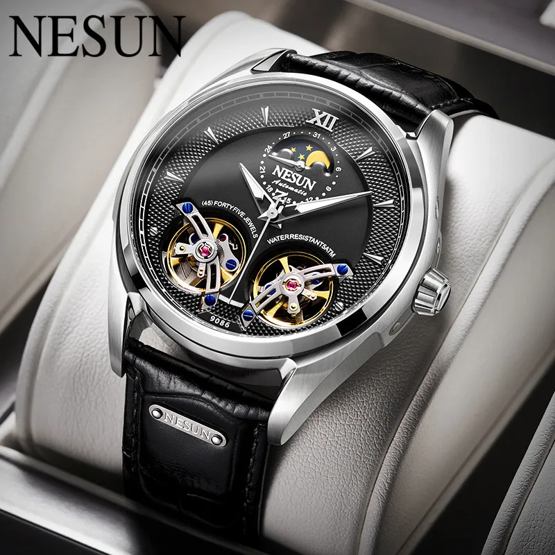 

NESUN Official Men Double Flywheel Automatic Mechanical Wristwatch Sapphire Crystal Skeleton Stainless Steel Moon Phase Calendar