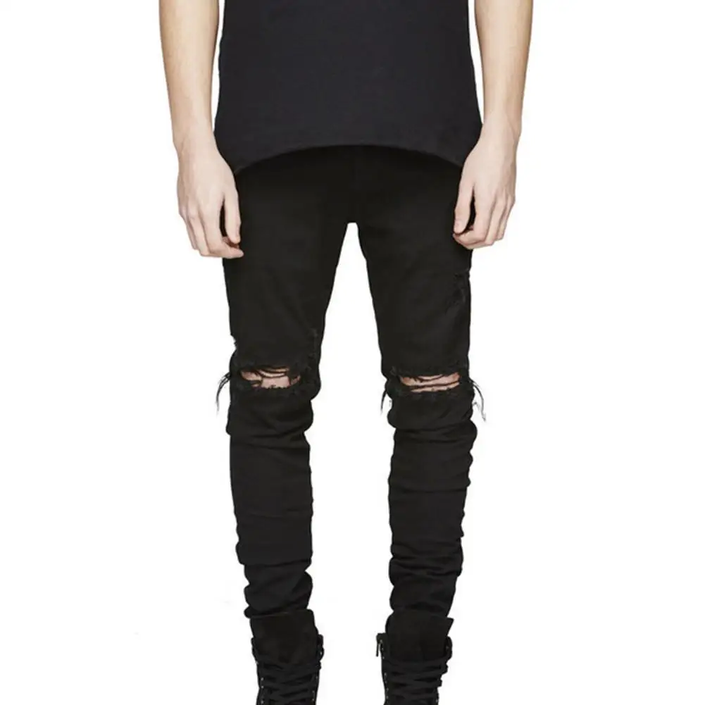 Модные летние мужские брюки рваные зауженные джинсы узкие джинсовые Стрейчевые