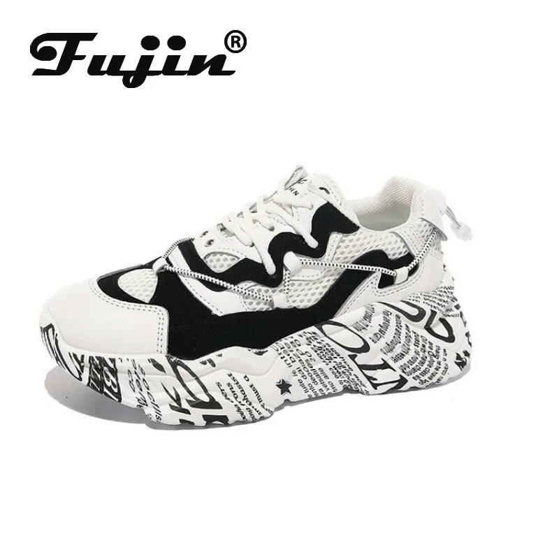 Fujin/женские кроссовки; Сезон Зима; модная обувь на толстой подошве; смешанные цвета; обувь с круглым носком на платформе; дышащие кружевные женские кроссовки для отдыха