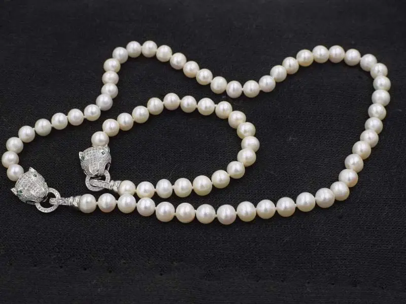 

NEW FRESHWATER PEARL WHITE NEAR ROUND 8-9MM NECKLACE BRACELET LEOPARD CLASP 18" SET