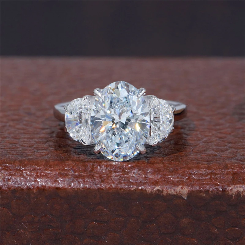 

RandH Elongated Oval Three Stones Half Moon Moissanite Ring 3.0Carats 11*8mm 18K Solid Gold Engagement Wedding Rings For Women