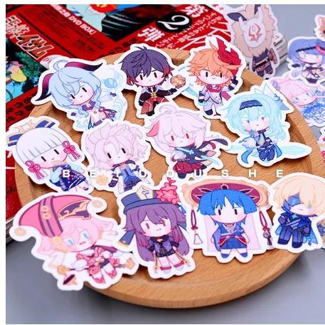 

Game Genshin Impact Hu Tao Zhongli Venti Xiao Diluc Cute Glitter Refrigerator Luggage Sticker Paster Phone DIY Scrapbook Decal