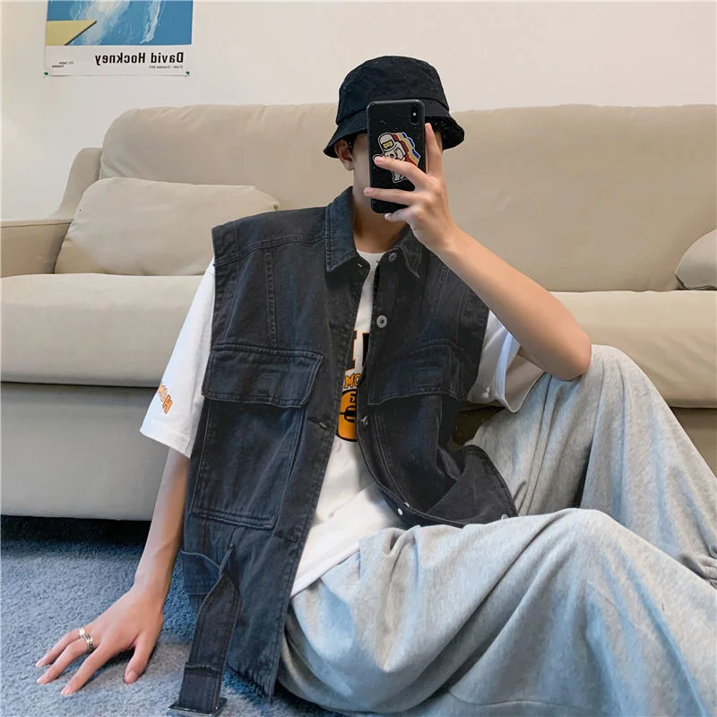 

Spring Cotton Denim Vest Men's Fashion Black Blue Casual Belt Denim Vest Men Streetwear Loose Hip-hop Pocket Tooling Vest Mens