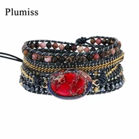 plumiss red imperial jaspers wrap bracelets stainless steel chain natural stone rhodonite beaded boho bracelet for women jewelry