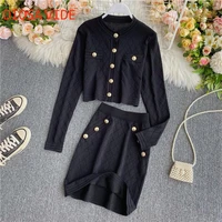 cotton knit top fashionable high waist skirt western style age reduction two piece suit female 2020 autumn lady temperament