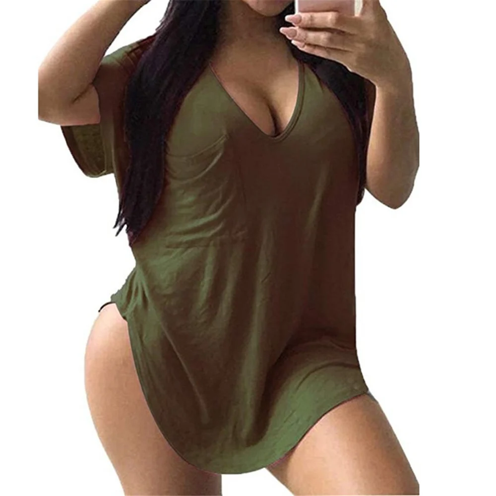 

Womens Casual V Neck Plus Size Tshirts Summer Tops Loose Solid Fashion Quick Dry Female Tee