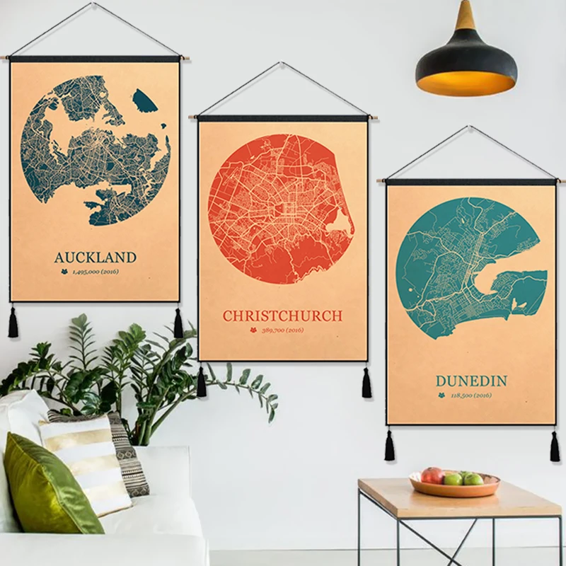 Веллингтон Окленд карта путешествия винтажная висячая ткань хлопок линия