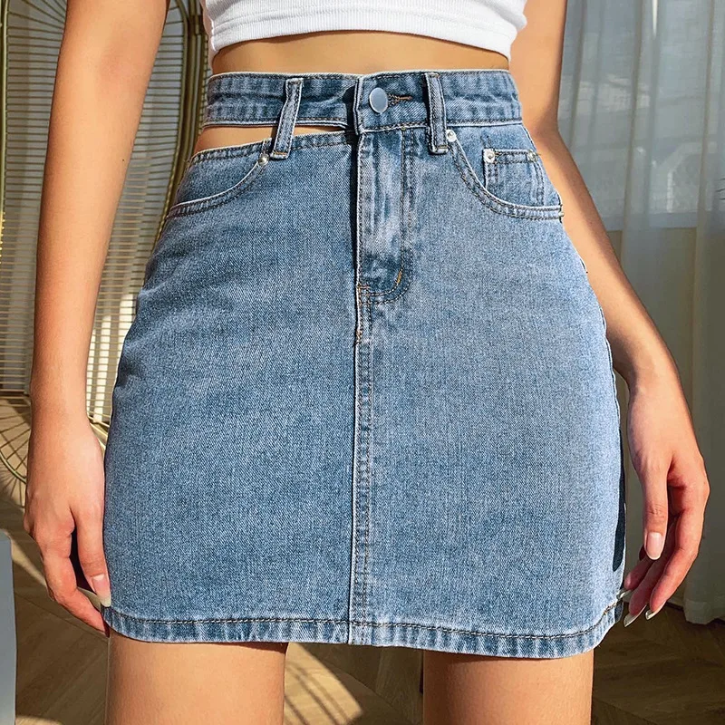 

2021 New Women's Summer Fashion Hollow Wash Denim Skirt Slim Body Show Thin Hip Wrap Skirt Casual Clothing