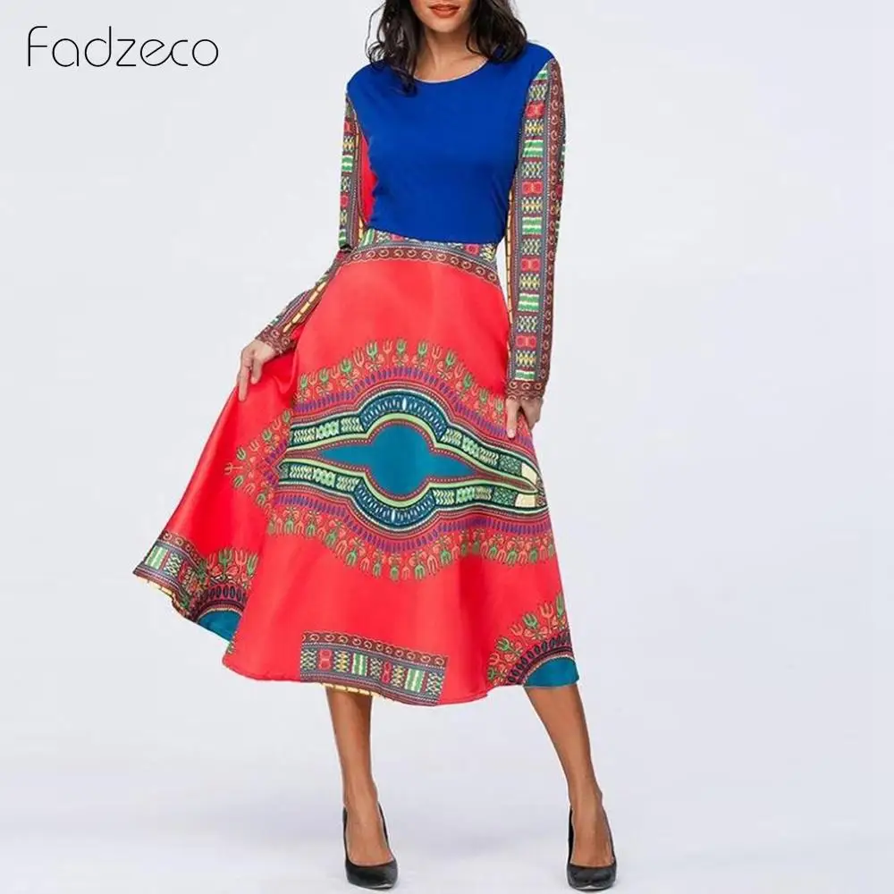 Fadzeco Новое Африканское платье Femme модное миди с принтом длинными рукавами