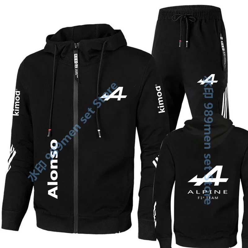 

2021 Autumn Formula One Racer Alonso F1 Alpine team Racing Fans zipper hoodies tracksuit men's sets clothes+trousers Sweatshirt