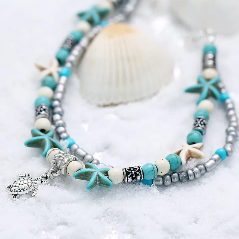 

2021 Women New Double Layer Conch Starfish Rice Bead Turtle Anklet Jewelry Gifts