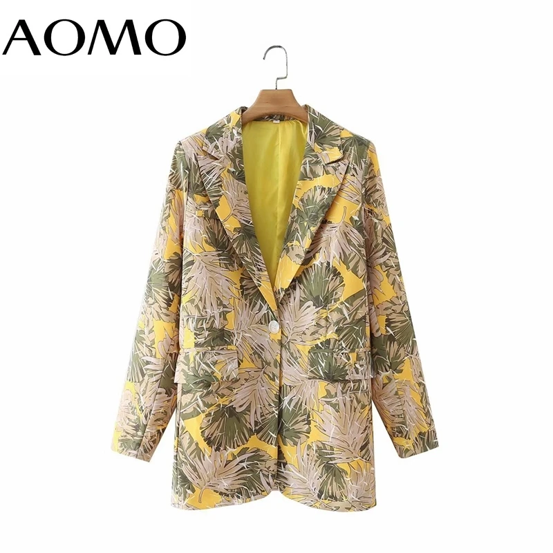 

AOMO Women Vintage Leaves Blazer Female Long Sleeve Notched Collar Pocket 2021 Fashion Female Casual Chic Tops 3F39A