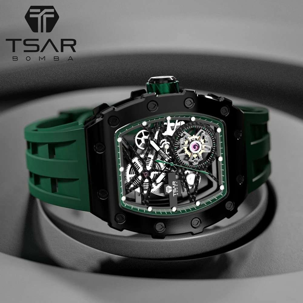 

TSAR BOMBA Automatic Mens Watch Stainless Steel Skeleton Design 100M Waterproof Mechanical Wristwatch Richard Relógio Masculino