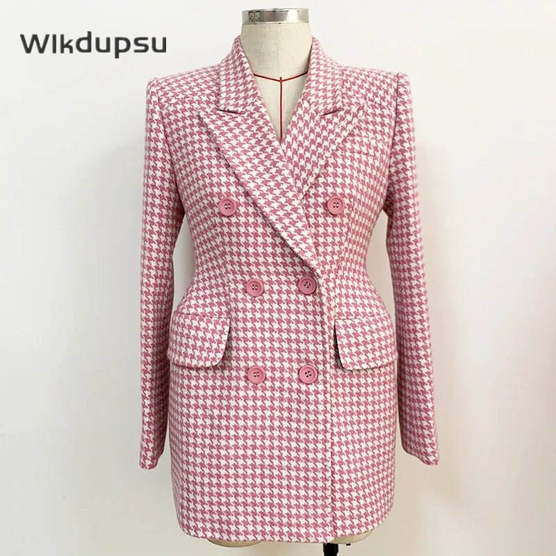 

Women Tweed Jackets New Fashion Office Ladies Long Houndstooth Coat Female Autumn Winter Vintage Plaid Coat Chic Clothes Outwear