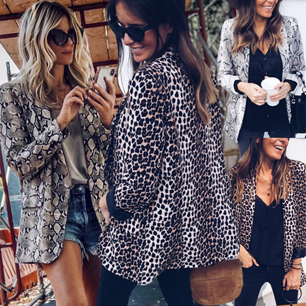 Осенний винтажный Женский блейзер со змеиным принтом с карманами леопардовое