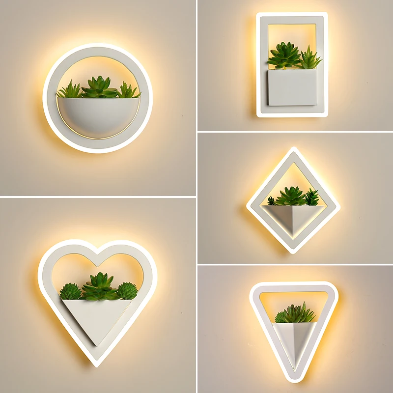 Modern LED Metal Wall Light Fixtures with Plant Nordic Round Wall Lamp with White Acrylic Shade for Bedroom Indoor Home Decor