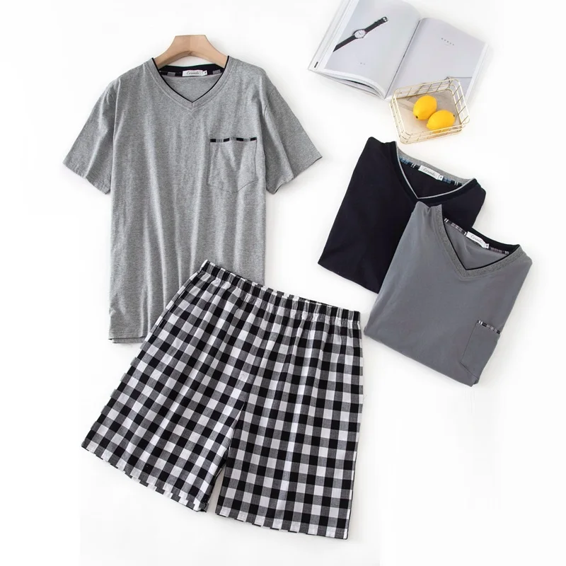 

2021 Men's Summer Short Sleeve Shorts Home Suit Cross Plaid Pajamas Set V-neck Pocket Sleep Tops Men Nightwear Big Size Pajamas