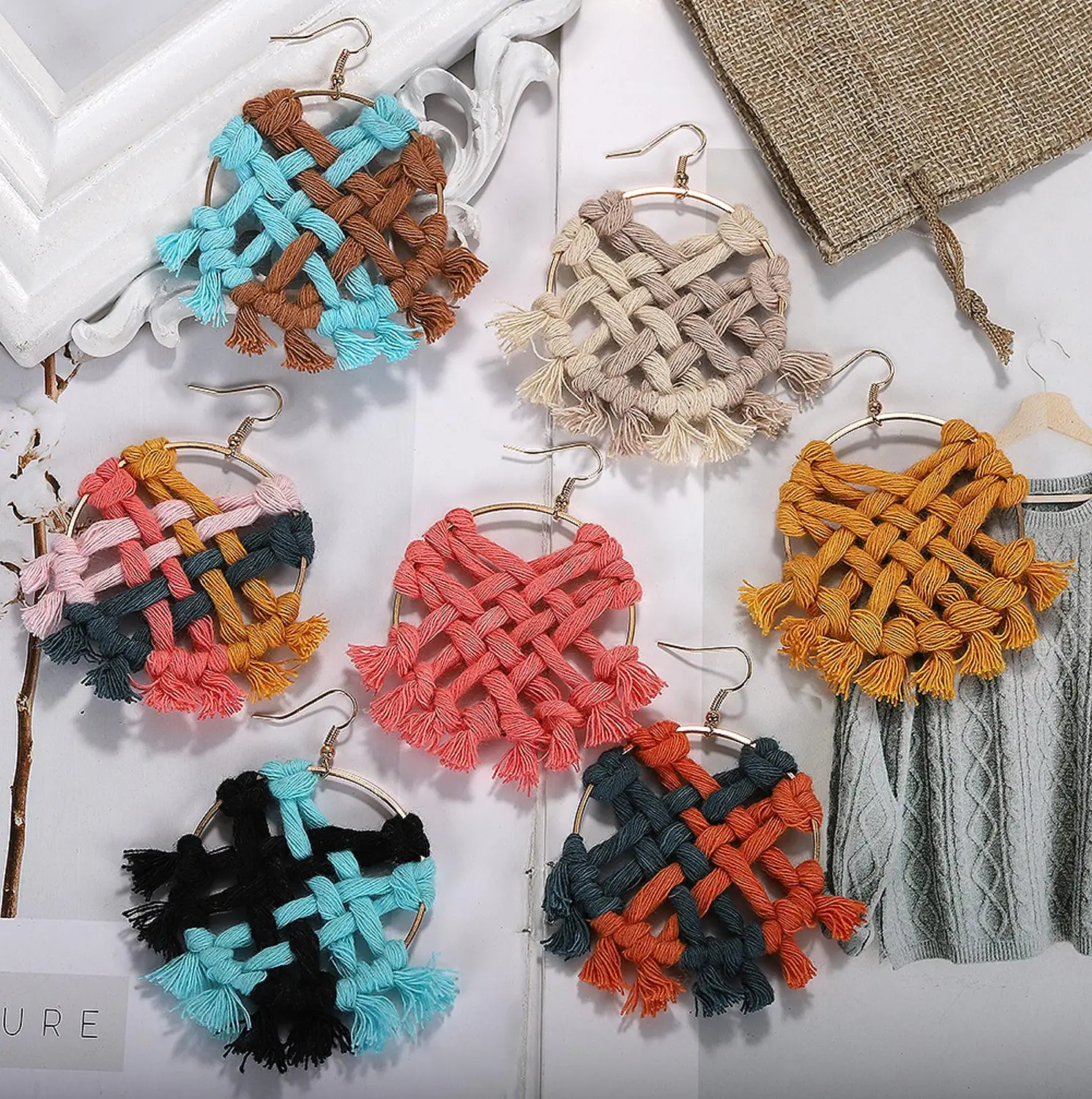 Женские квадратные серьги-подвески Boho Heart Raffia разноцветная модная Этническая