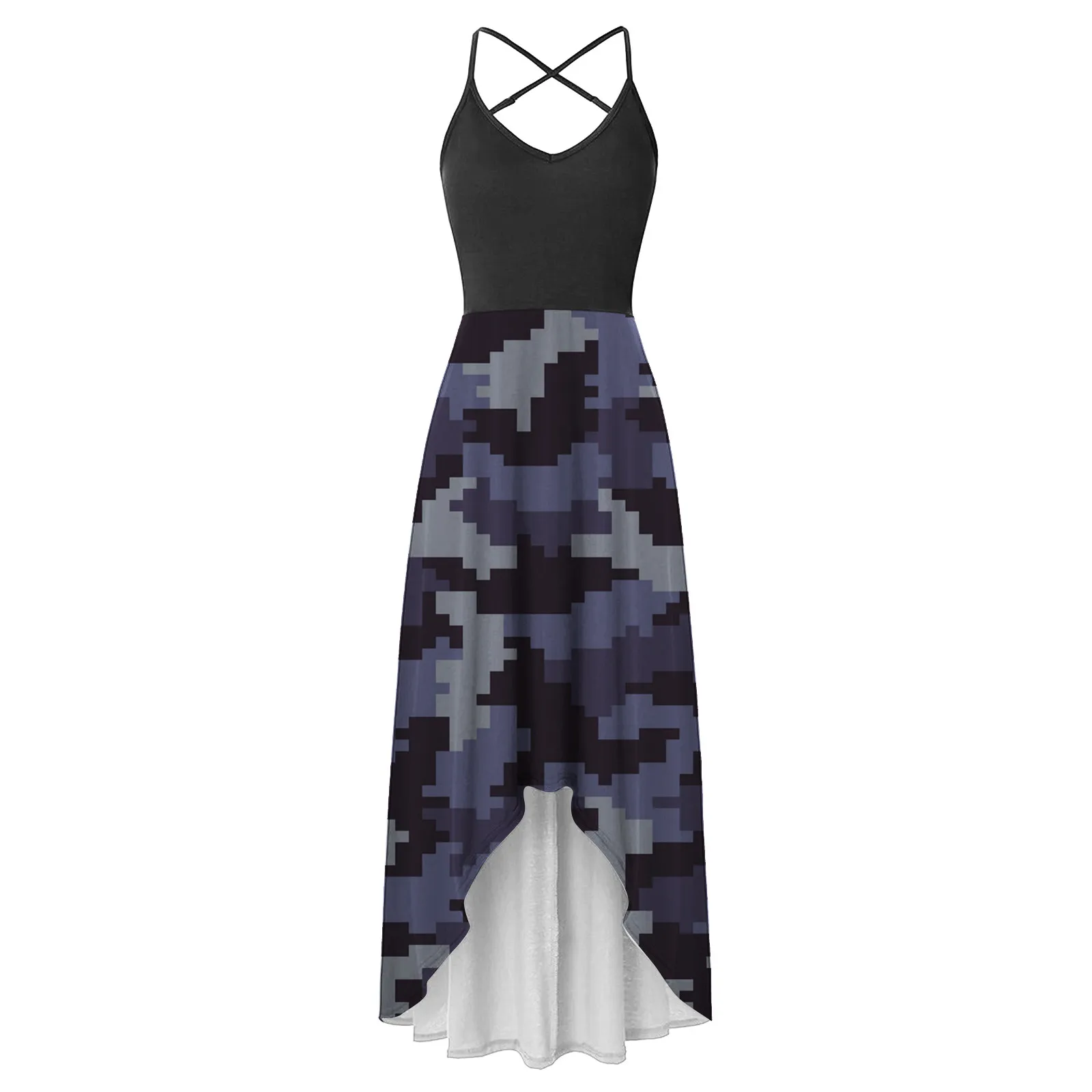 

40# Vintage Camouflage Printed Halter Dress Boho Sleeveless Strap Summer Dress 2021 Irregular Slim Robe Femme Bohemia Maxi Dress