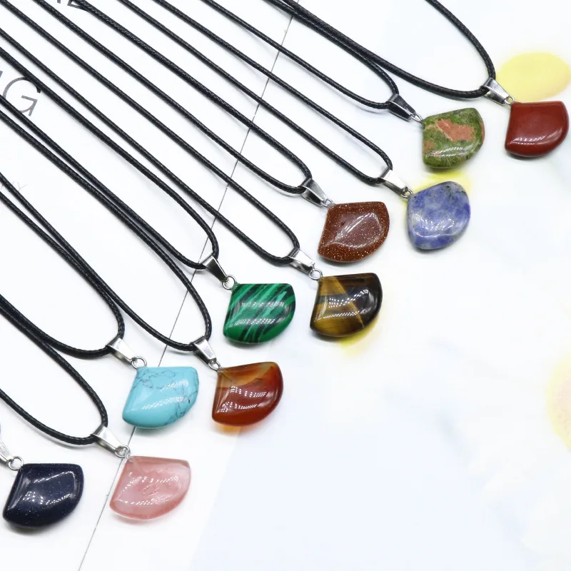 10pcs Sector Pendants & 10pcs Leather Rope Natural Stone Crystal Pendant Necklace Healing Energy Pendulum Jewelry Making 16*21mm