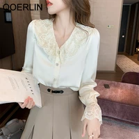 qoerlin women lace hollow out v neck shirts elegant flare sleeve button up shirts solid apricot blusa mujer s xl